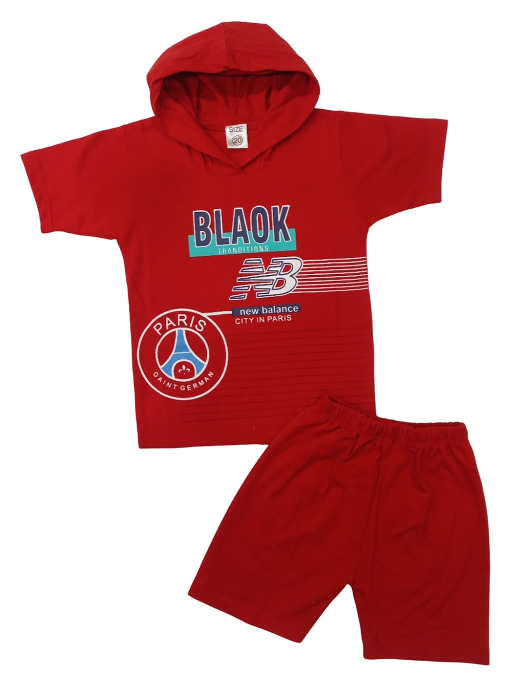 

Pankhu Kids Printed Cotton Hooded T-shirt with Shorts, Red