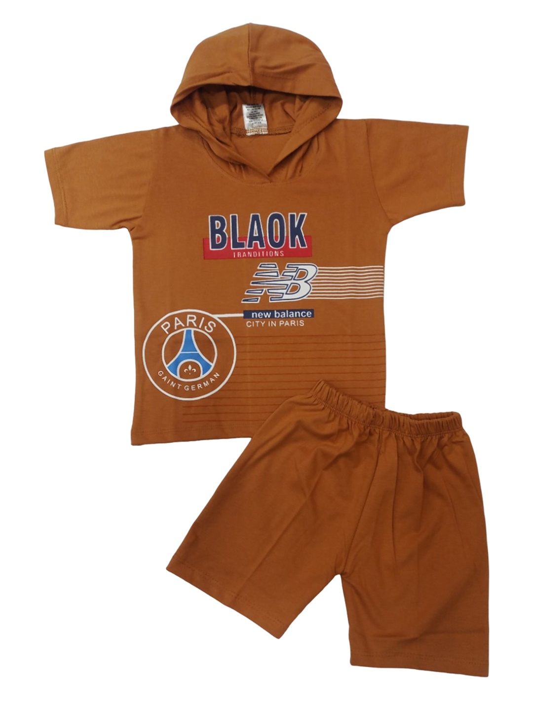 

Pankhu Kids Printed Cotton Hooded T-shirt with Shorts, Brown