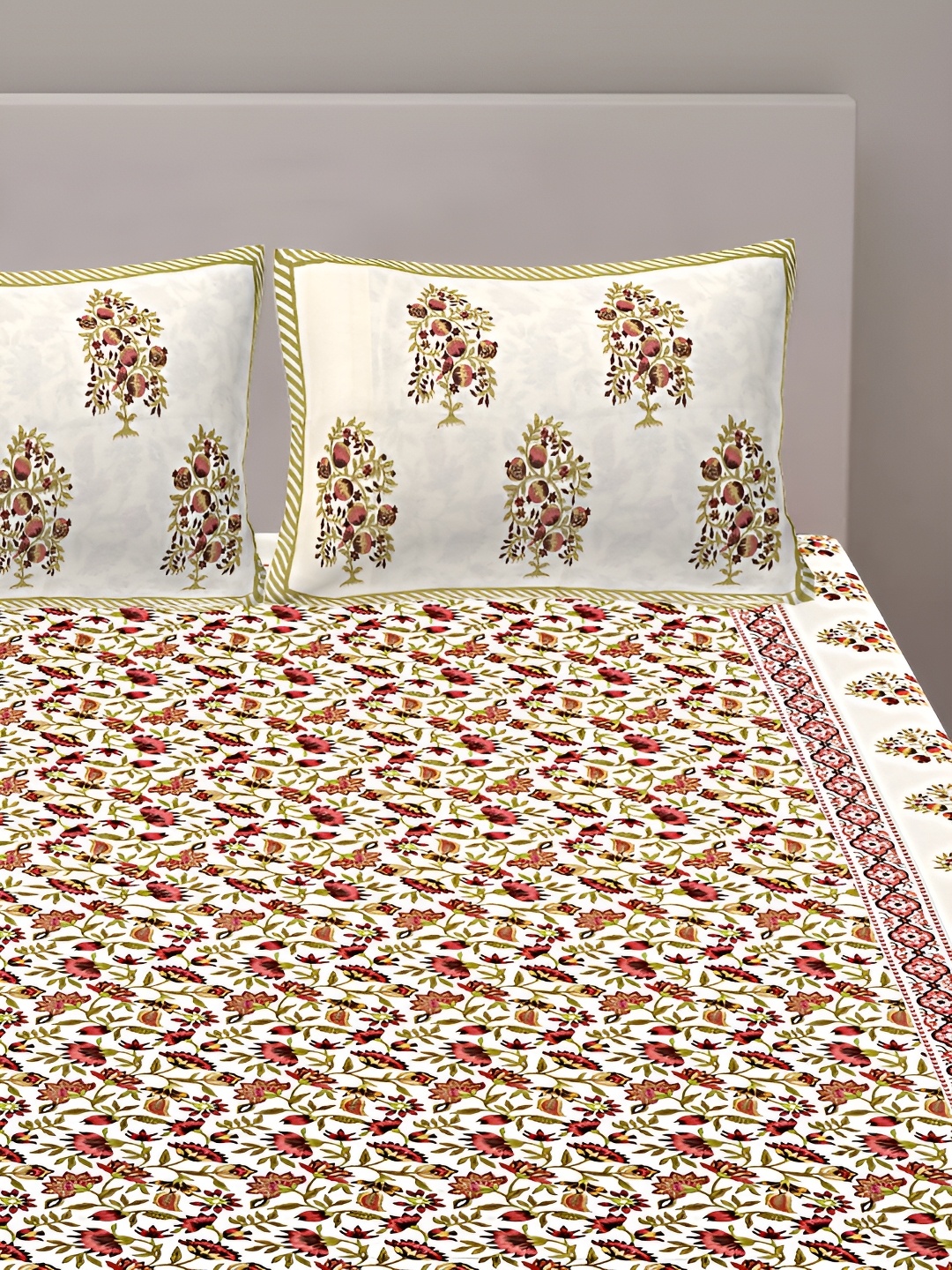 VANI E Red & White Floral 250 TC Cotton King Bedsheet with 2 Pillow Covers