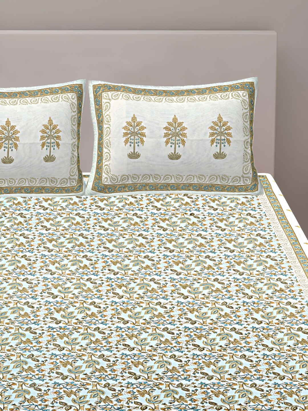 VANI E Green & White Floral 250 TC Cotton King Bedsheet with 2 Pillow Covers