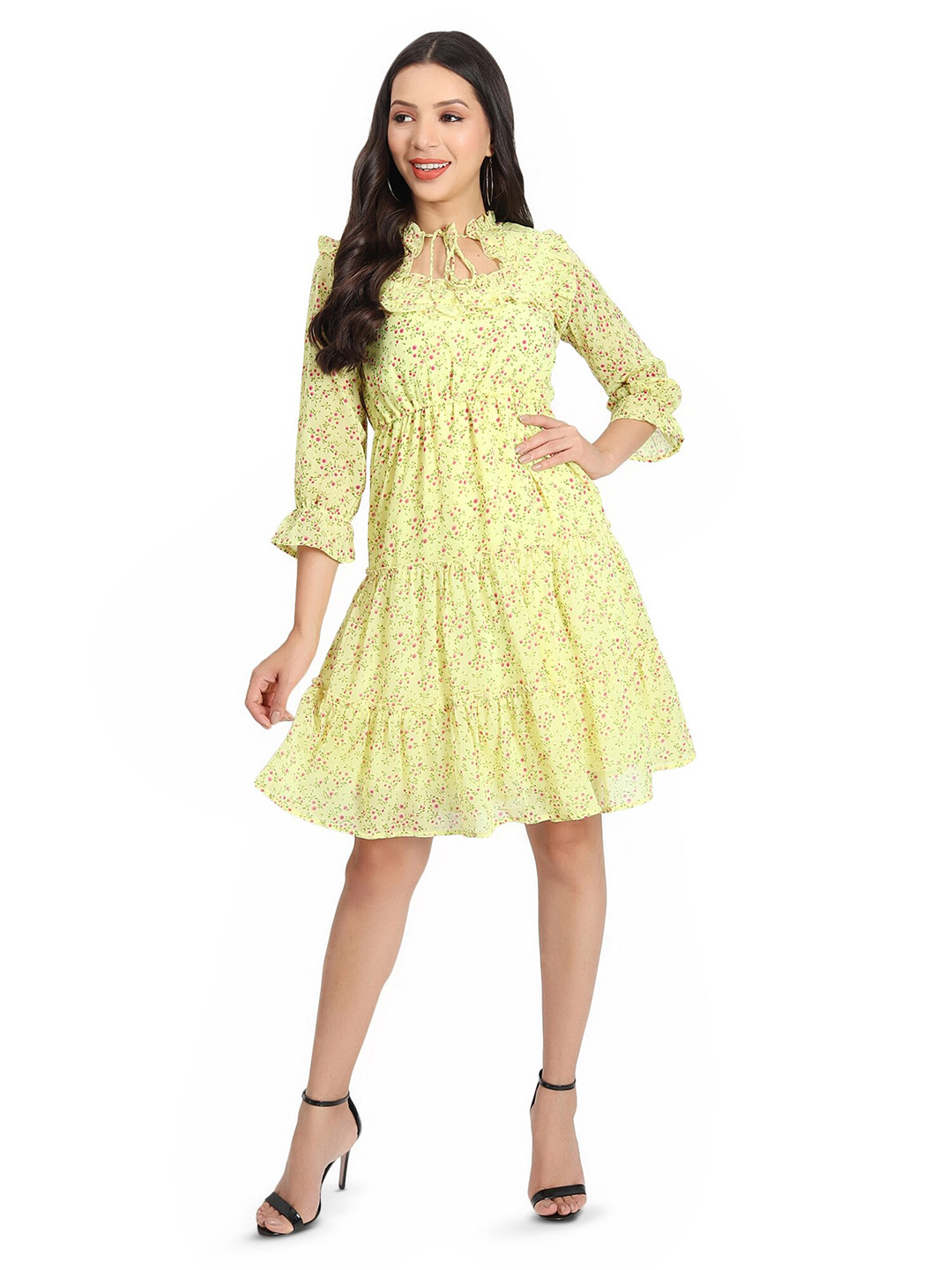 

BAESD Floral Printed Tie-Up Neck Georgette Fit & Flare Dress, Yellow