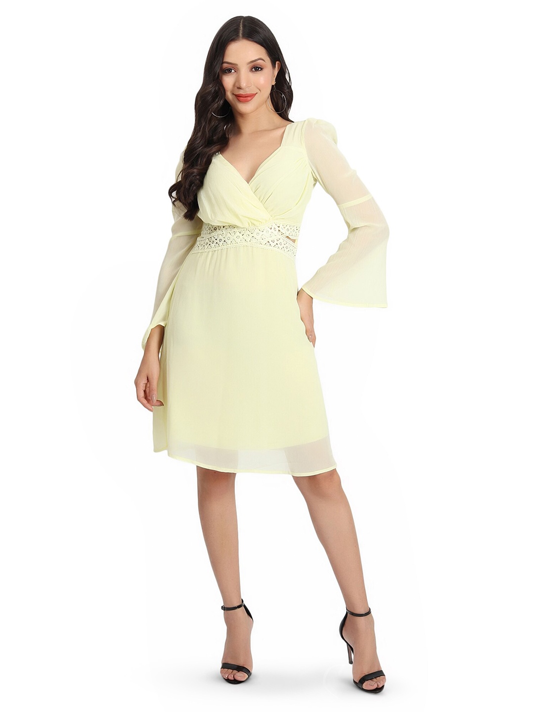 

BAESD Bell Sleeve Georgette Fit & Flare Dress, Yellow