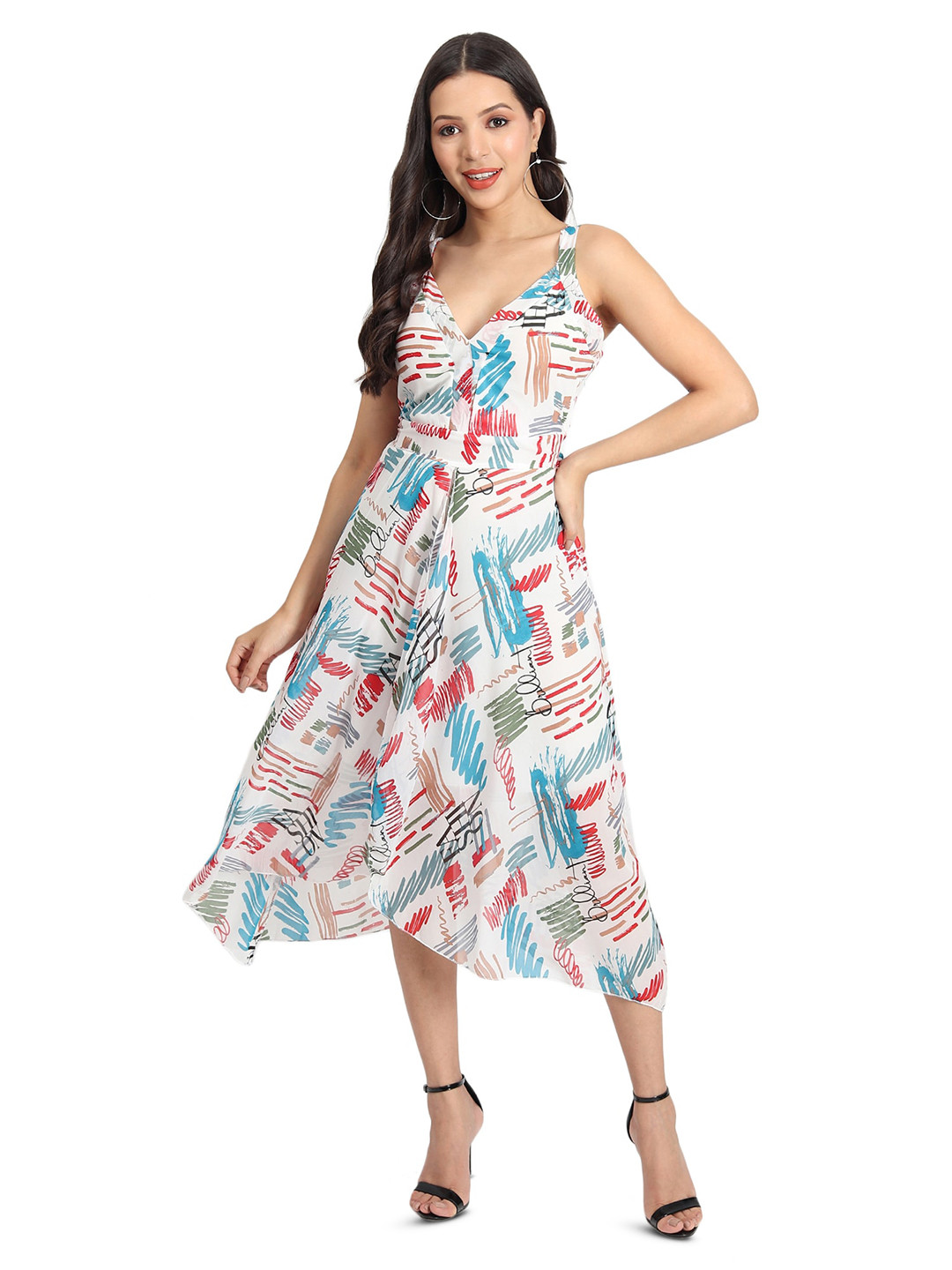 

BAESD Shoulder Straps Printed Fit & Flare Midi Dress, White
