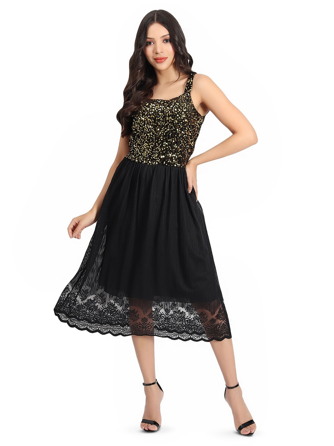 

BAESD Embellished Sequined Shoulder Straps Georgette Fit & Flare Midi Dress, Gold