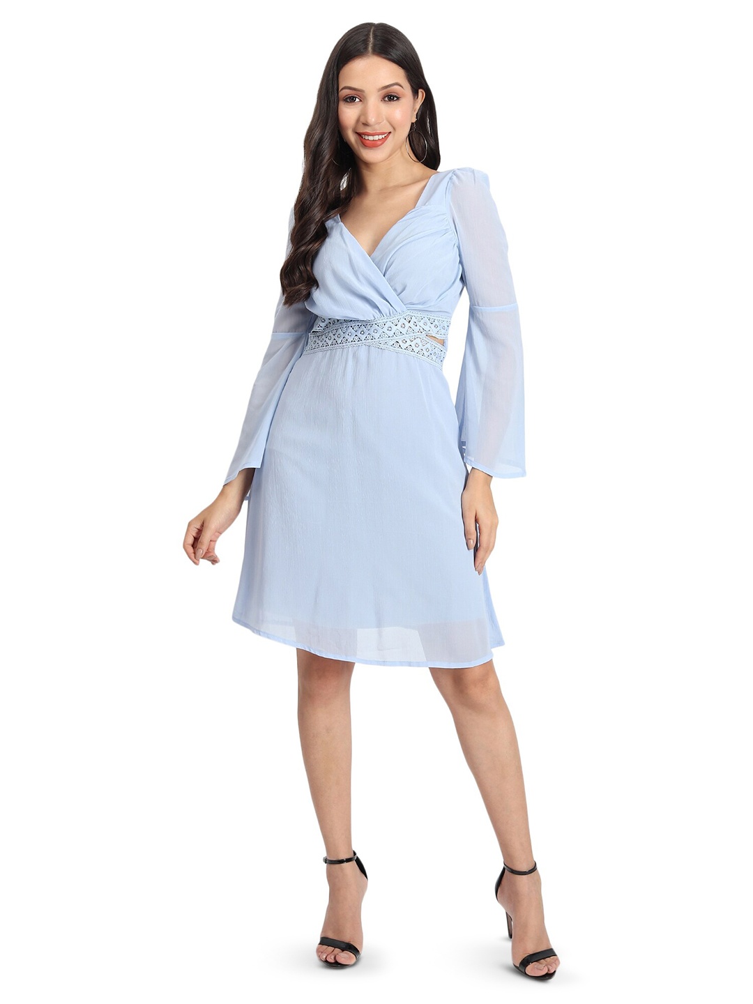 

BAESD Flared Sleeve Georgette Fit & Flare Dress, Blue