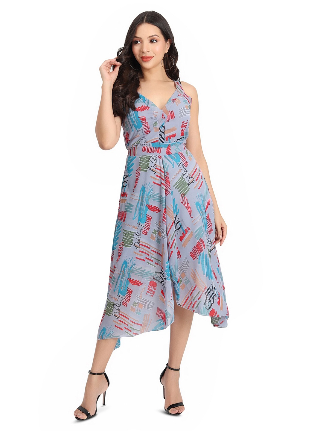 

BAESD Abstract Printed Georgette Fit & Flare Midi Dress, Grey