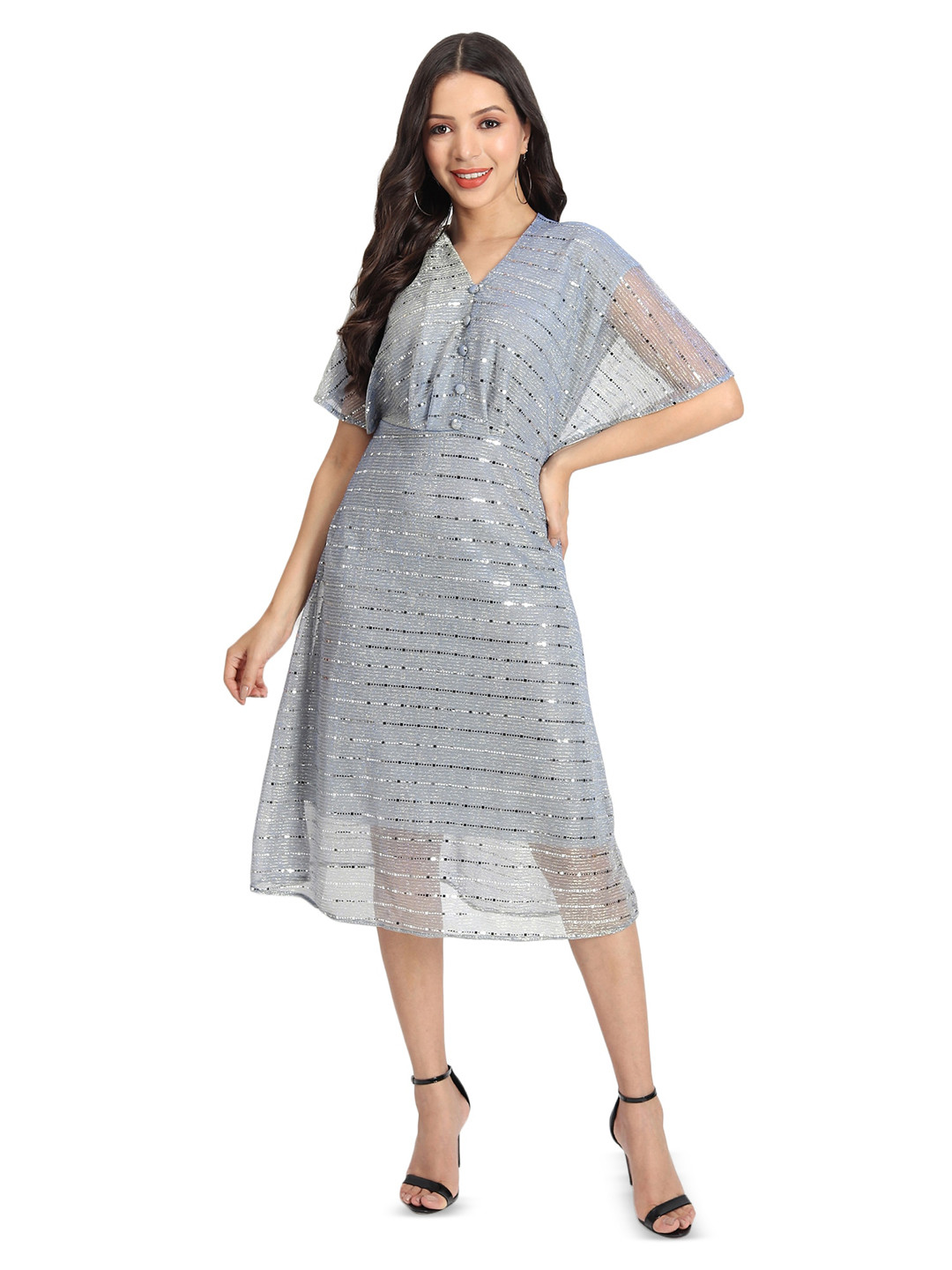 

BAESD Embellished Batwing Sleeve Net Fit & Flare Midi Dress, Grey