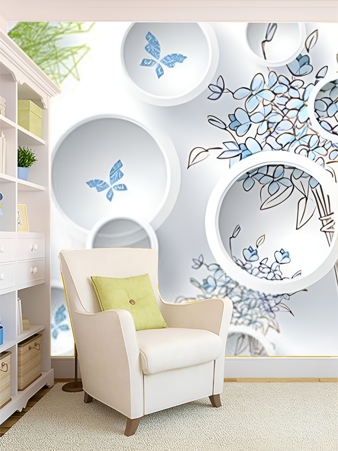 

KSHIRSA White & Green Floral Printed Self Adhesive Removable Wallpaper