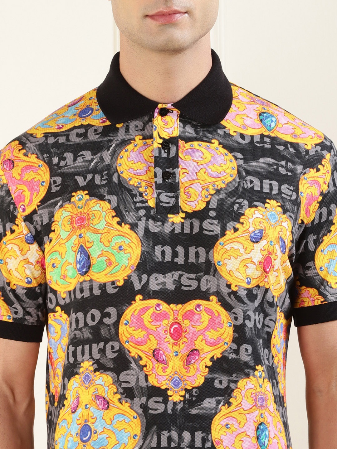 

Versace Jeans Couture Men Floral Printed Polo Collar Pockets T-shirt, Black