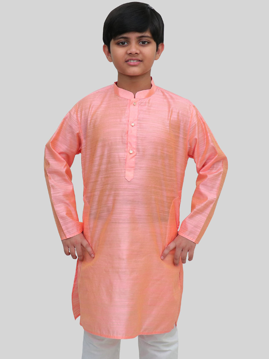 

BAESD Boys Long Sleeves Mandarin Collar Silk Thread Work Kurta, Pink