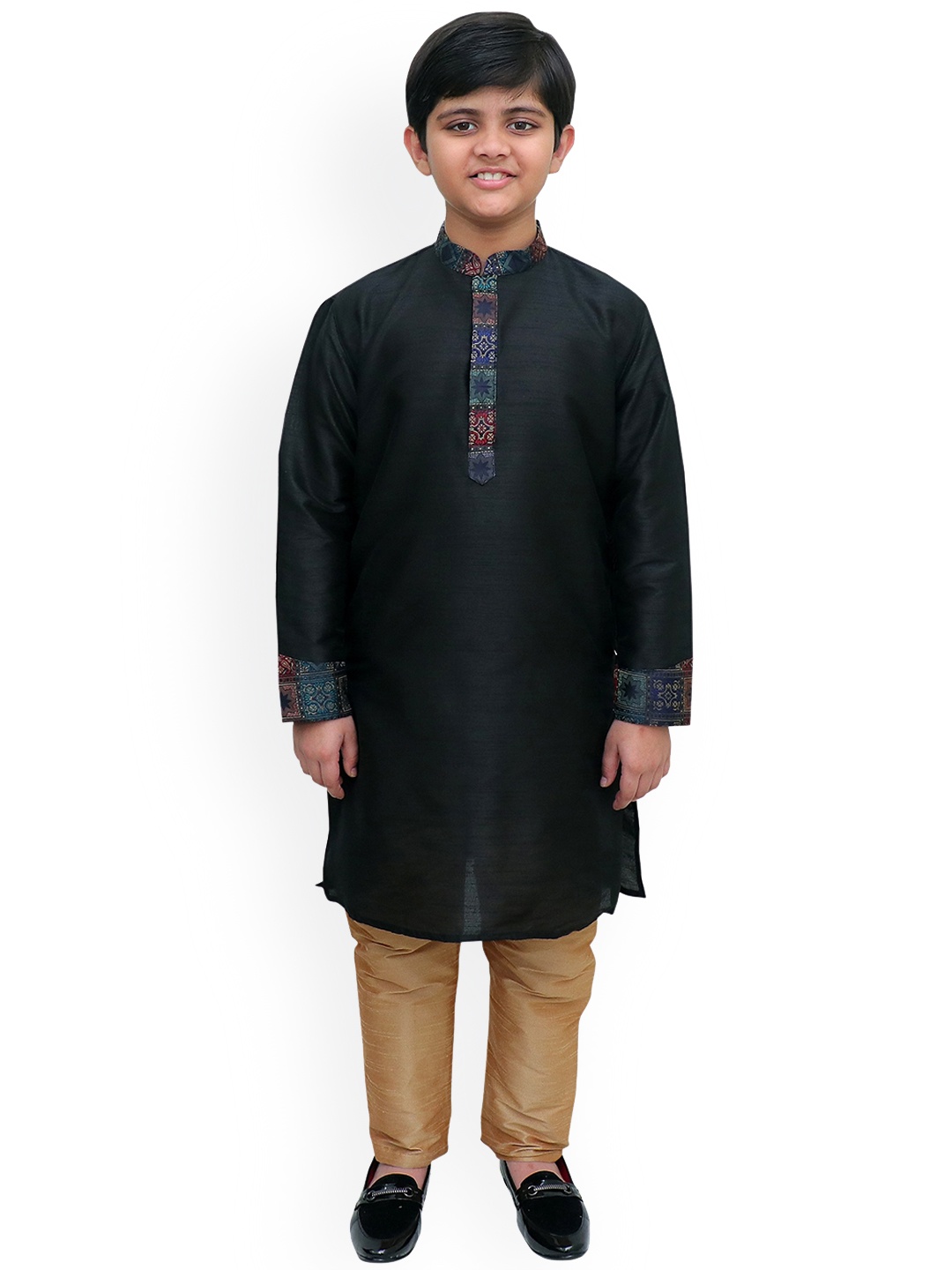 

BAESD Boys Mandarin Collar Long Sleeves Jacquard Weave Straight Kurta, Black