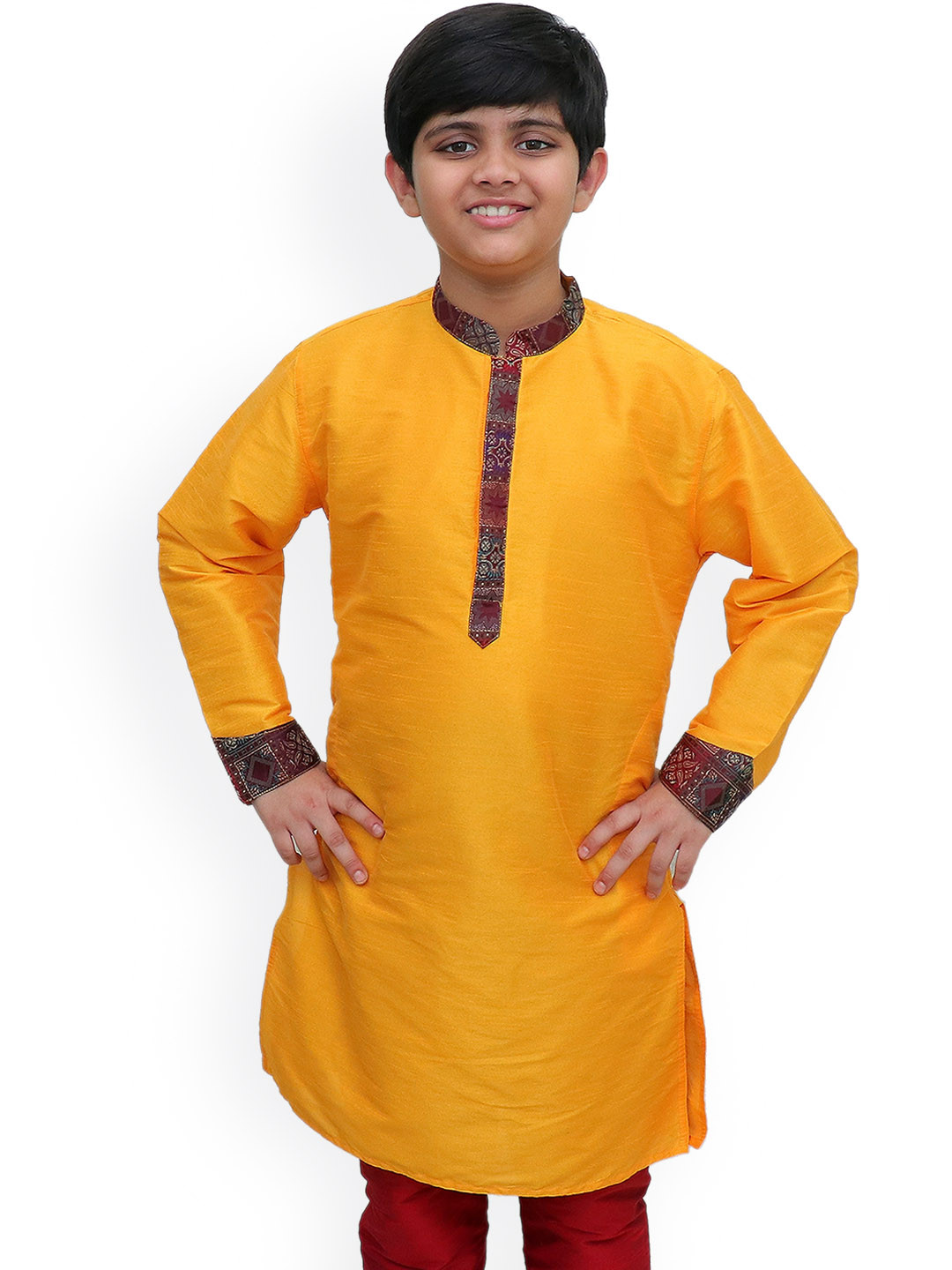 

BAESD Boys Long Sleeves Mandarin Collar Silk Thread Work Kurta, Yellow