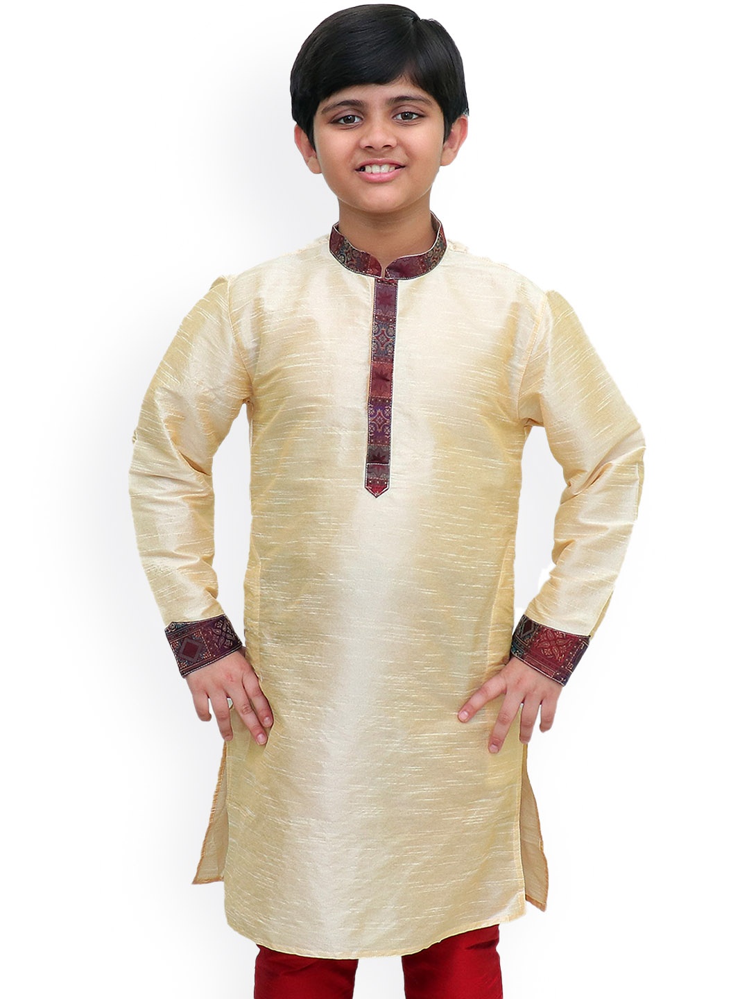 BAESD Boys Mandarin Collar Long Sleeves Straight Kurta, Gold