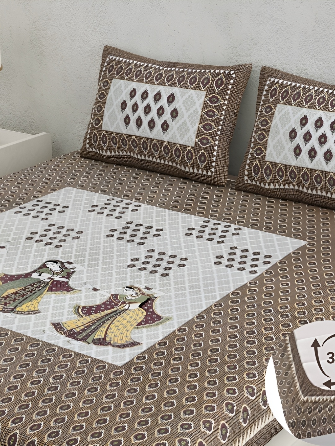 

CLOTHOLOGY Khaki & Grey Ethnic Motifs 180 TC Fitted King Bedsheet Bedsheet Set