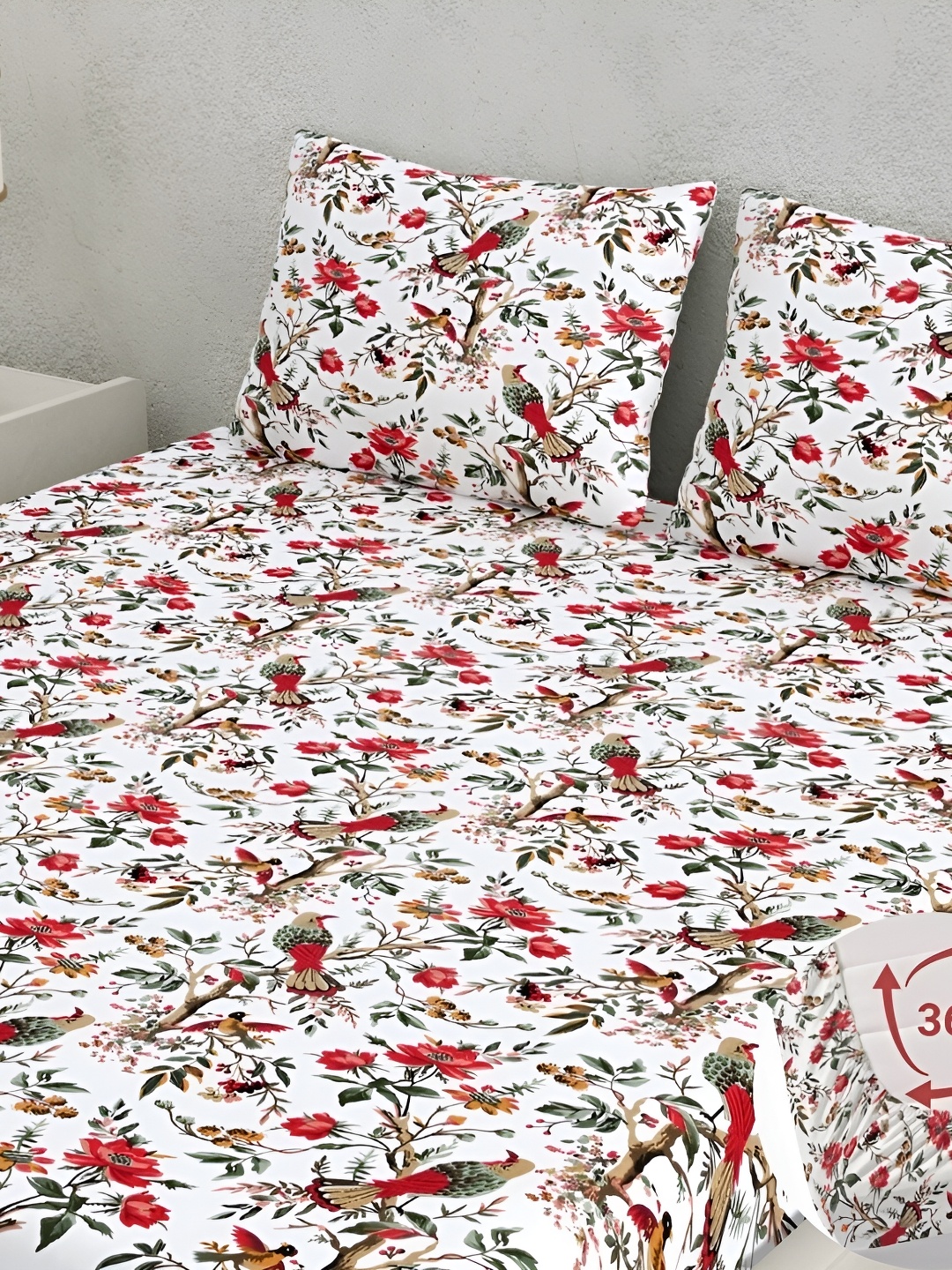 

CLOTHOLOGY White & Red Floral Printed 180 TC Fitted King Bedsheet Set