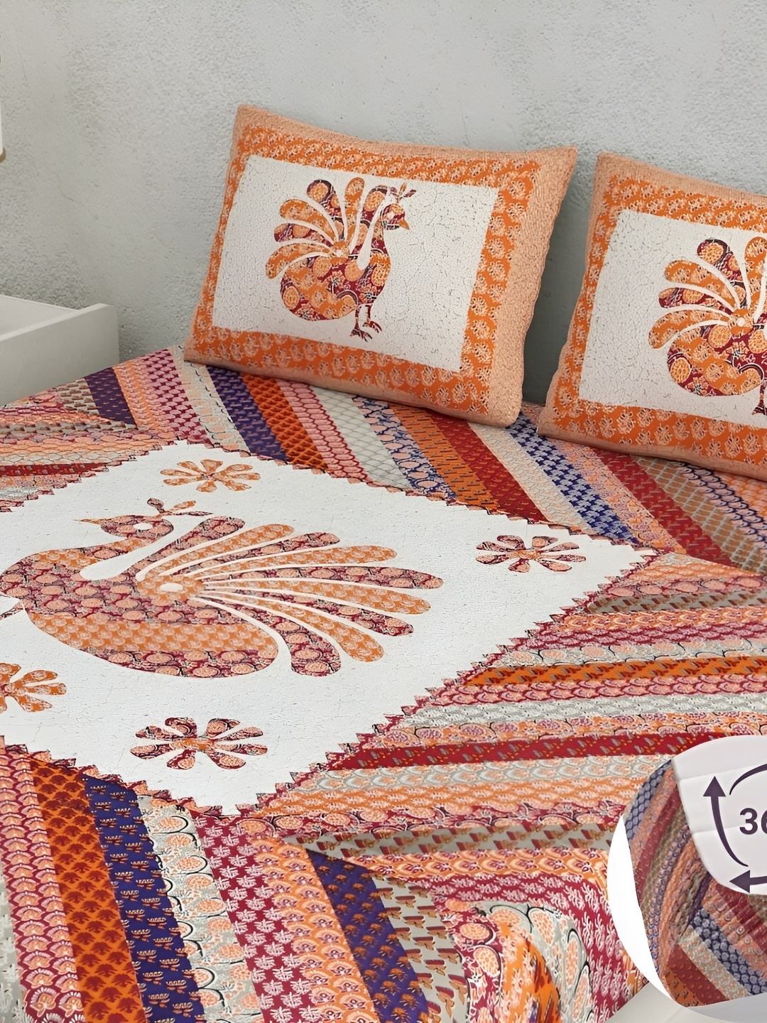 

CLOTHOLOGY Beige & Orange Ethnic Motifs 180 TC Fitted King Bedsheet Set