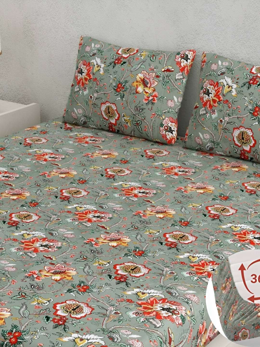

CLOTHOLOGY Grey & Orange Floral 180 TC Fitted King Bedsheet Set