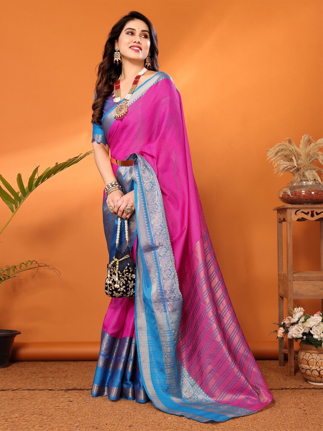 

vj fashion Ethnic Motifs Woven Design Zari Narayan Peth Saree, Pink