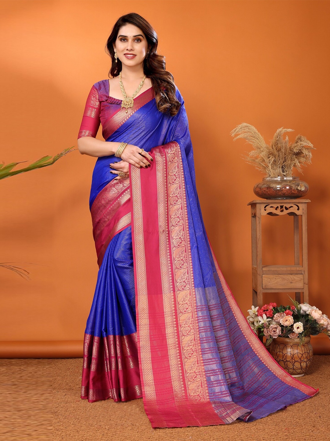 

vj fashion Ethnic Motifs Woven Design Zari Narayan Peth Saree, Blue