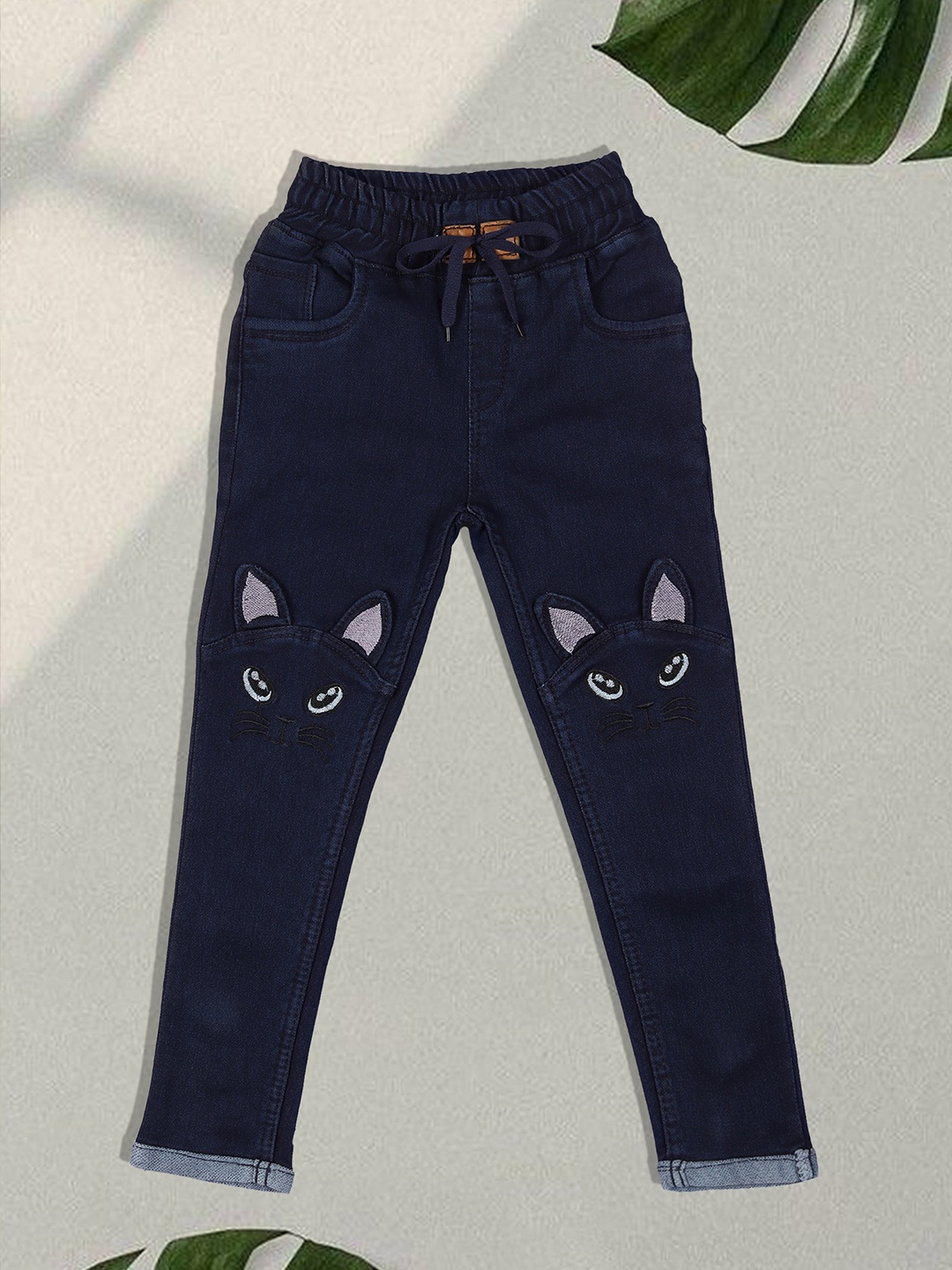 

A-Okay Kids Embroidered High-Rise Denim Jogger Fit Jeans, Navy blue