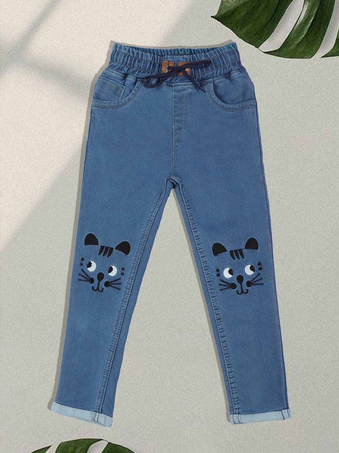 

A-Okay Kids Embroidered Skinny Fit High-Rise Denim Joggers Jeans, Blue