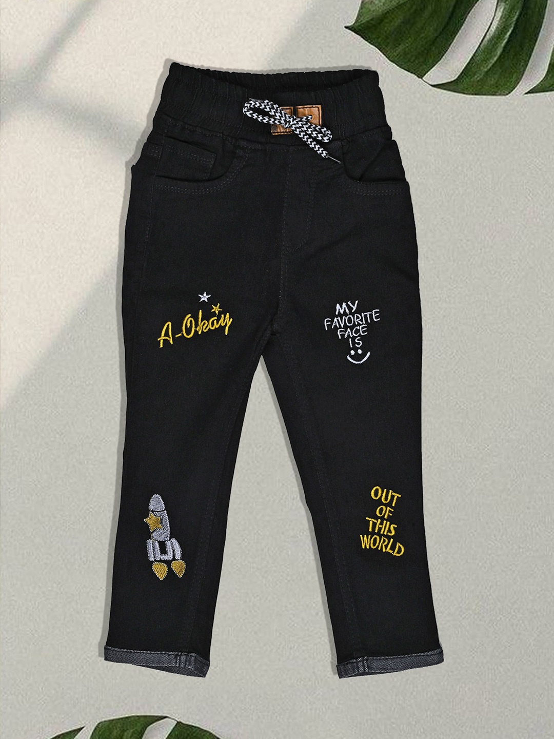 

A-Okay Kids Embroidered Joggers Fit High-Rise Cotton Easy Wash Jeans, Black