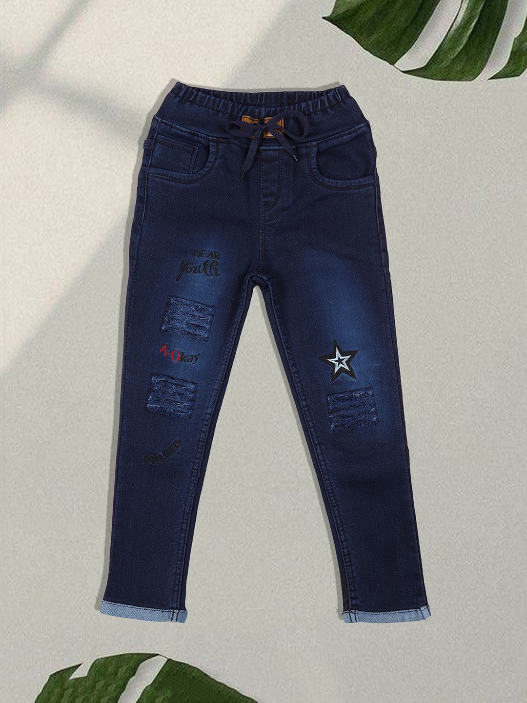 

A-Okay Kids Embroidered Joggers Fit High-Rise Cotton Easy Wash Jeans, Navy blue