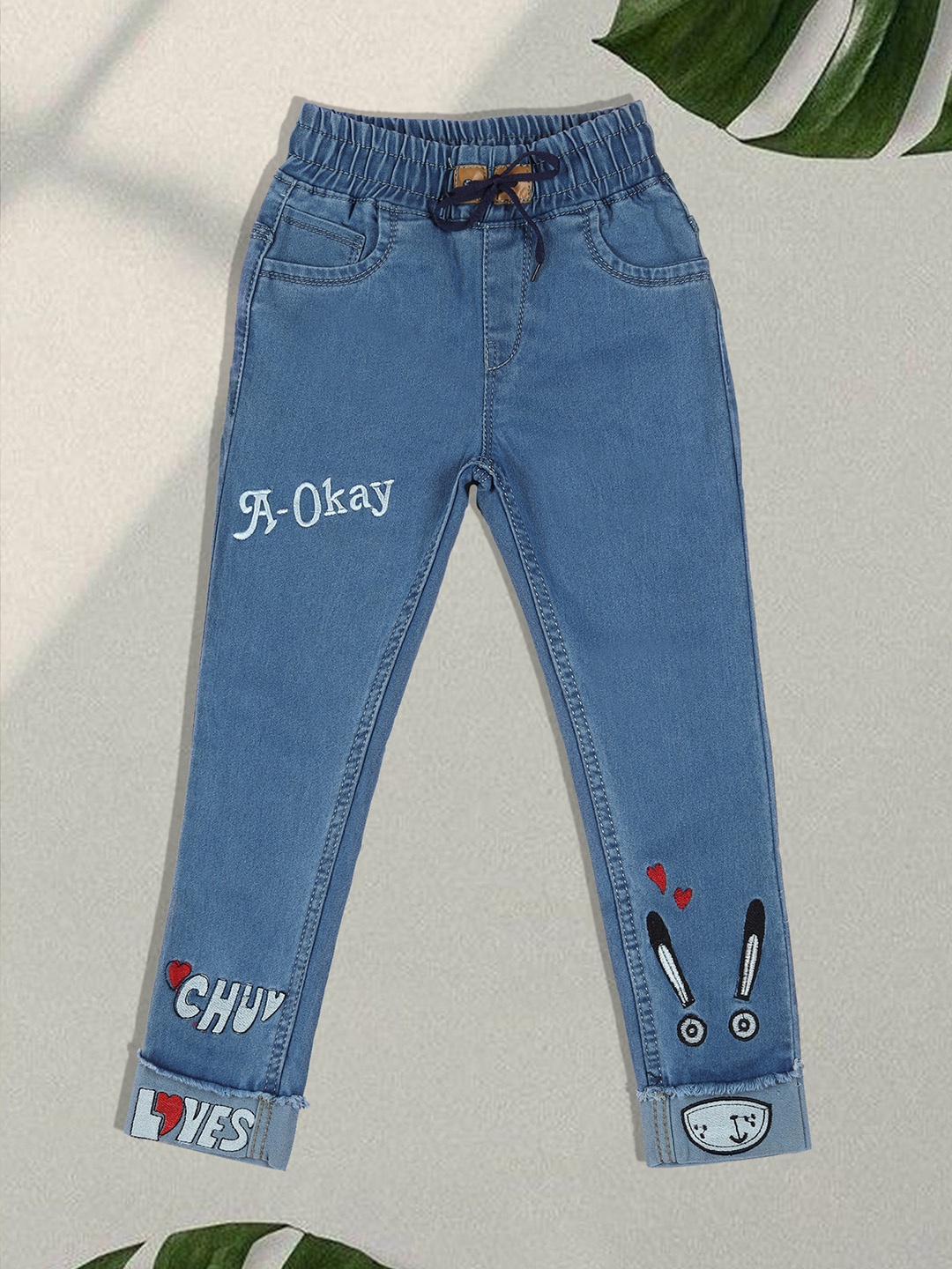 

A-Okay Kids Skinny Fit Embroidered Clean Look Cotton Denim Jogger, Blue