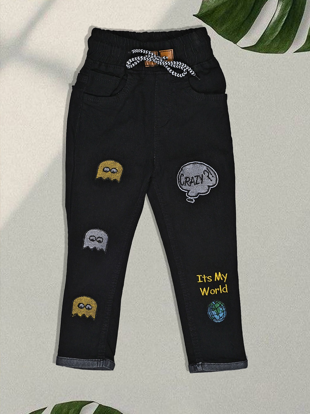 

A-Okay Kids Printed Skinny Fit High-Rise Easy Wash Cotton Joggers Trousers, Black