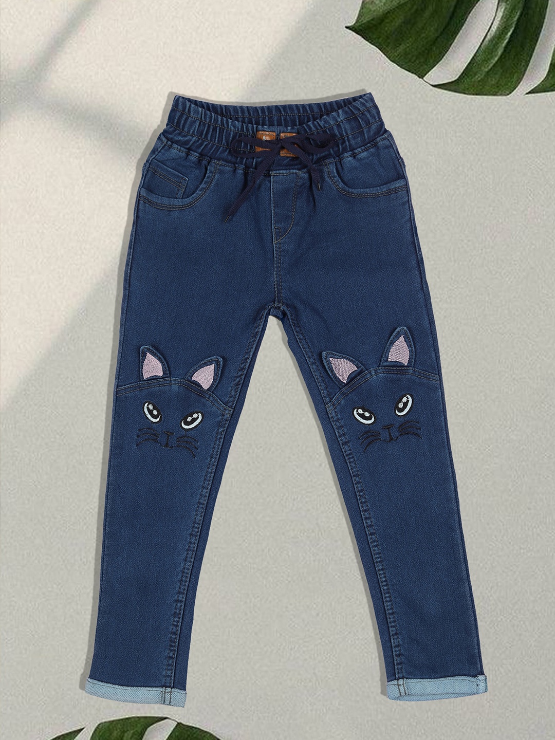 

A-Okay Kids Embroidered Skinny Fit High-Rise Easy Wash Cotton Regular Trousers, Blue
