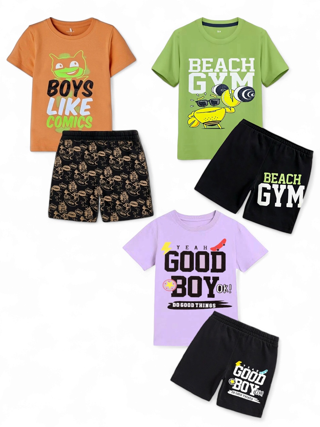 

BAESD Boys Pack Of 3 Printed Pure Cotton T-shirt with Shorts, Black