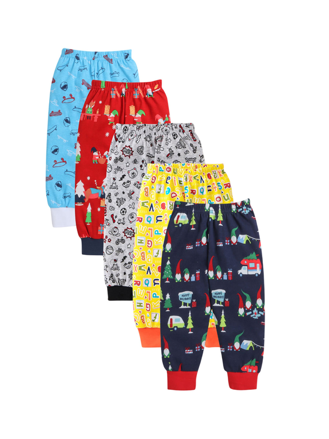

EIO Kids Pack Of 5 Printed Pure Cotton Mid Rise Joggers, Blue