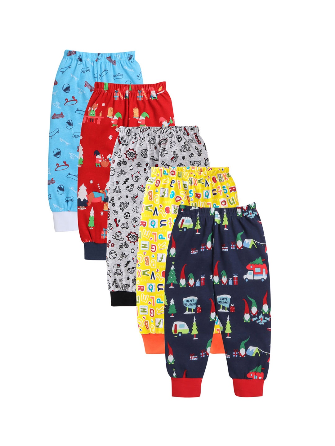 

EIO Infants Pack Of 5 Conversational Printed Pure Cotton Joggers, Yellow