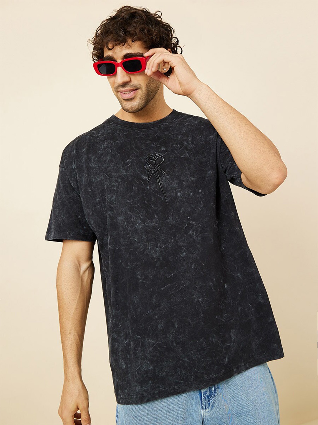 

Styli Rose Embroidered Acid Wash Cotton Oversized Fit T-Shirt, Black