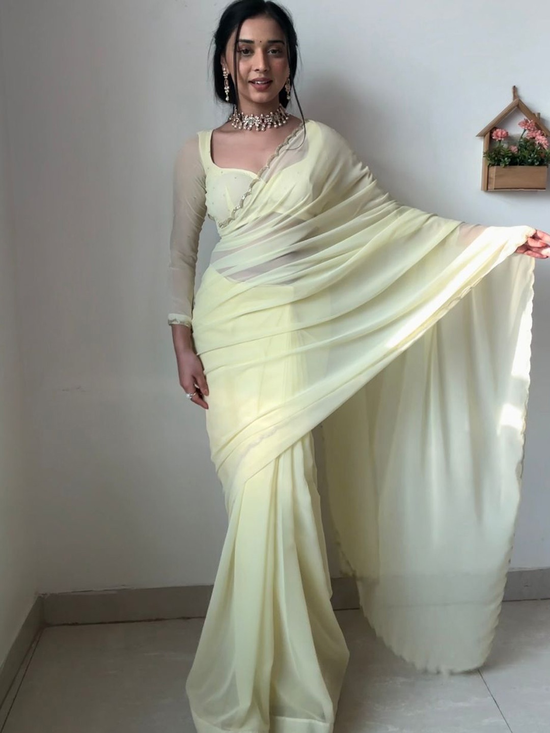 

AWRIYA Beads and Stones Pure Georgette Saree, Yellow