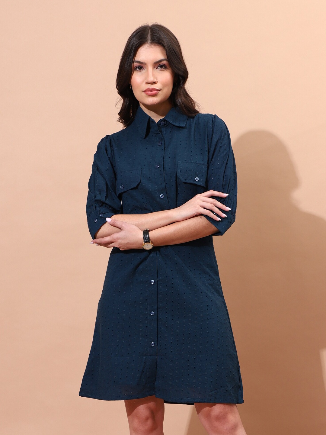 

Chanira La Parezza Shirt Collar Three-Quarter Sleeves Straight Dress, Blue