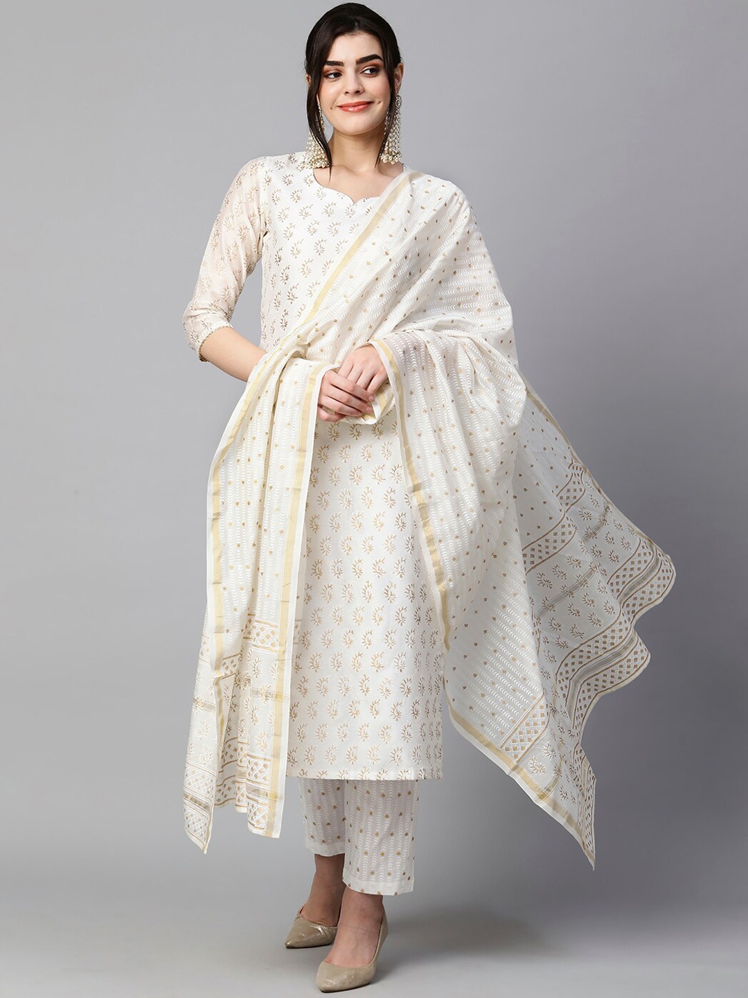 

KALINI Plus Size Ethnic Motifs Printed Straight Kurta With Trousers & Dupatta, Cream