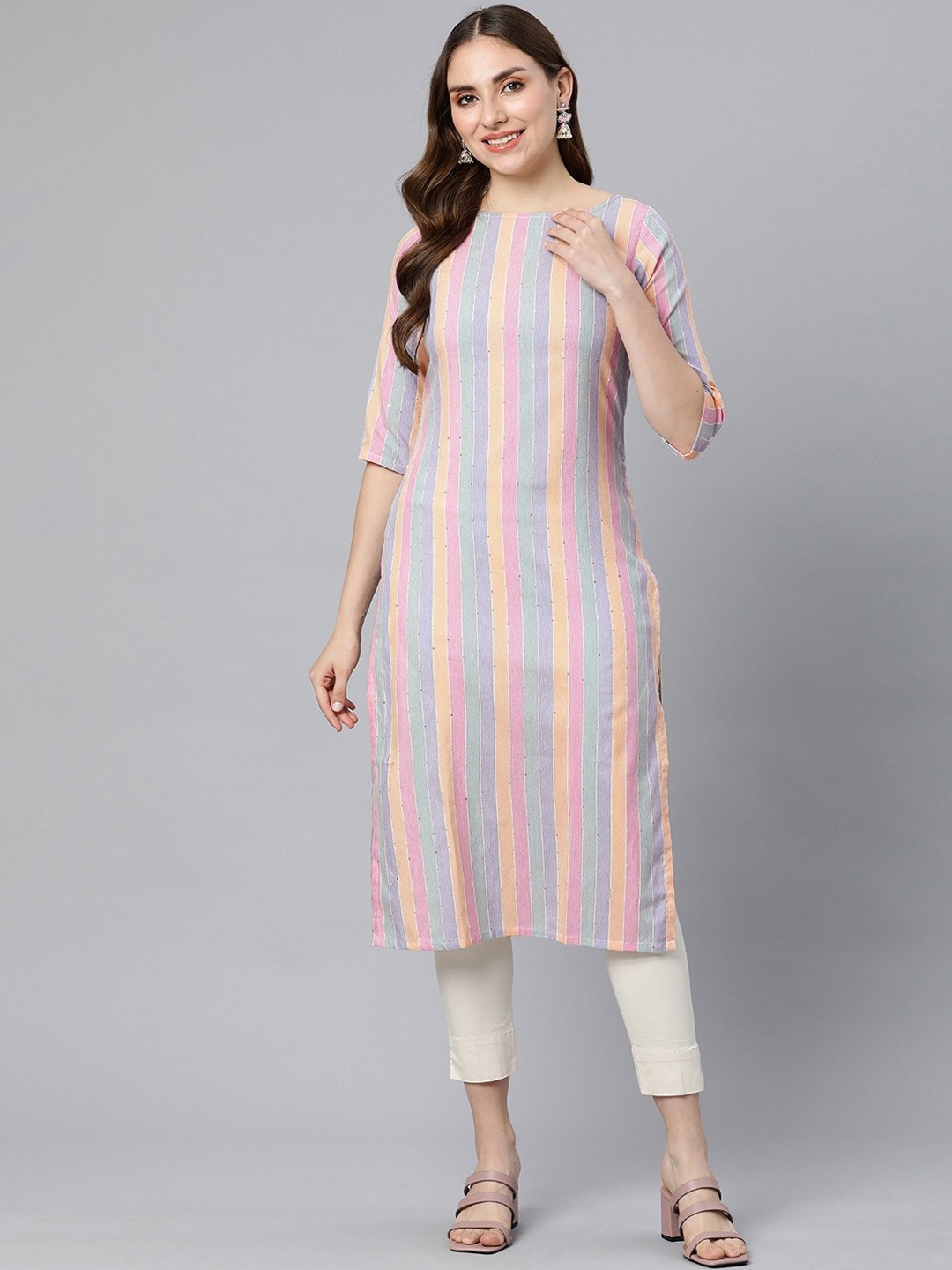 

Shaily Round Neck Striped Sequined Straight Kurta, Pink