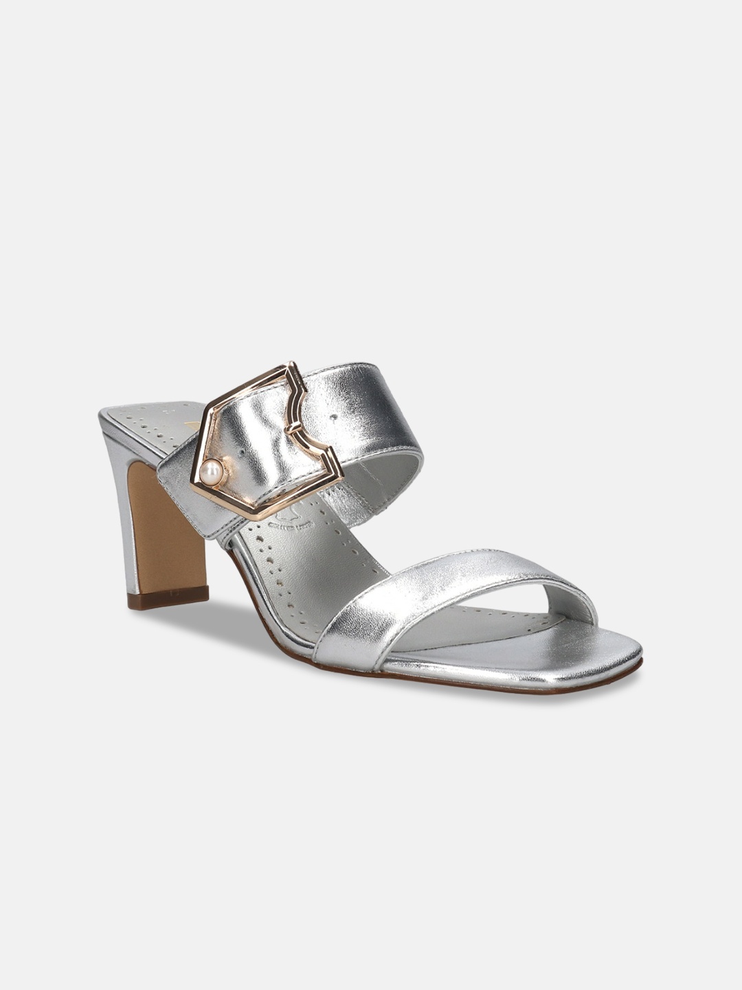 

BAGATT Jaya Textured Buckle Detailed Leather Block Heels, Silver