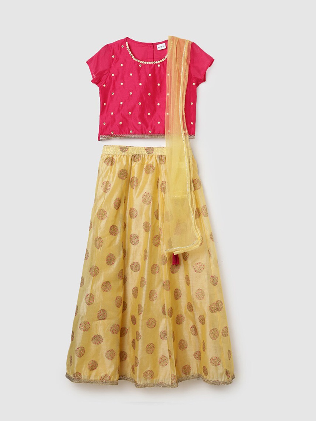 

max Girls Embroidered Mirror Work Ready to Wear Lehenga & Blouse With Dupatta, Yellow