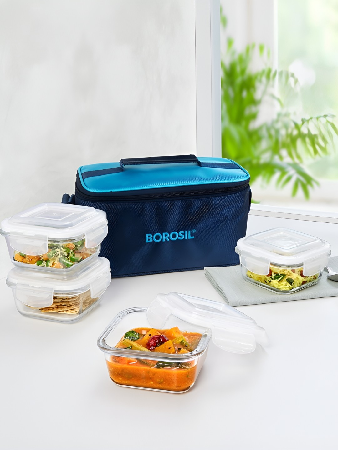 

BOROSIL Alfa Blue & Transparent 4 Pieces Glass Dishwasher & Microwave Safe Lunch Boxes