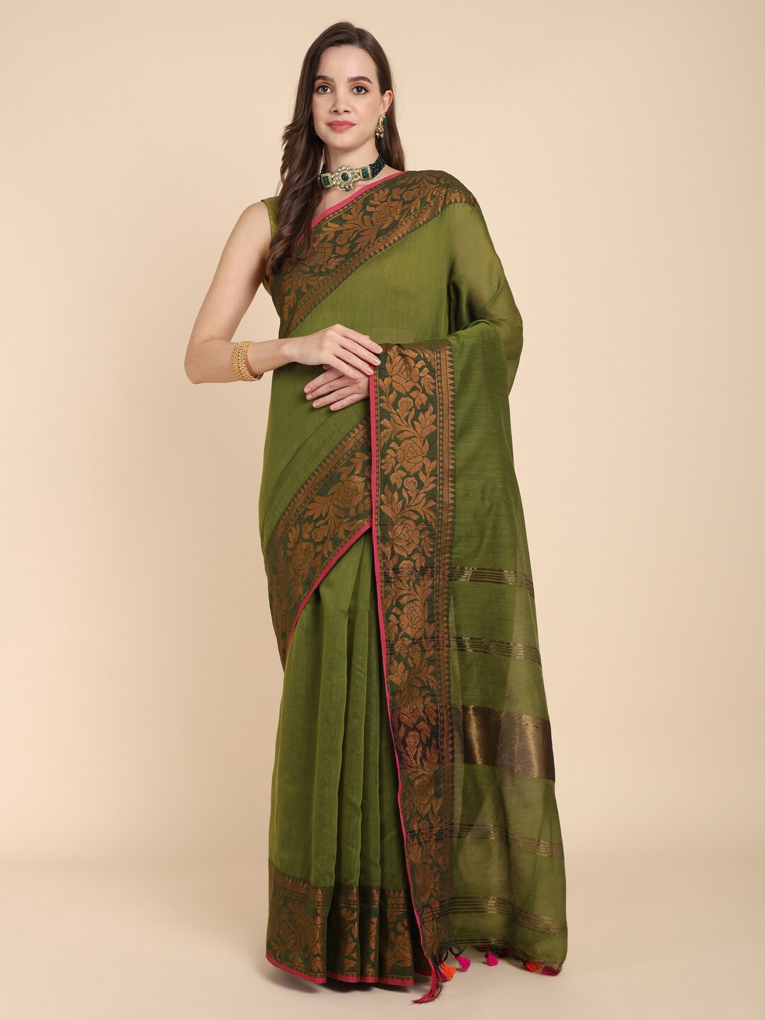 

Bong ButiQ Zari Silk Cotton Maheshwari Saree, Green