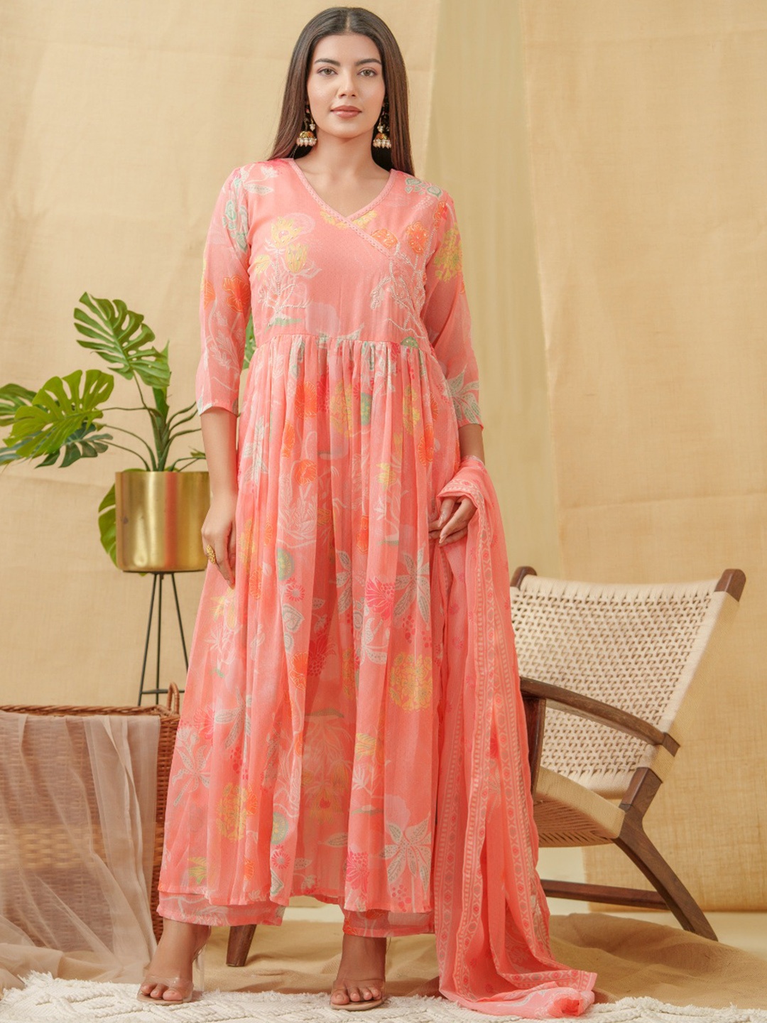 

Sangria Floral Printed Angrakha A-Line Kurta With Palazzos & Dupatta, Orange