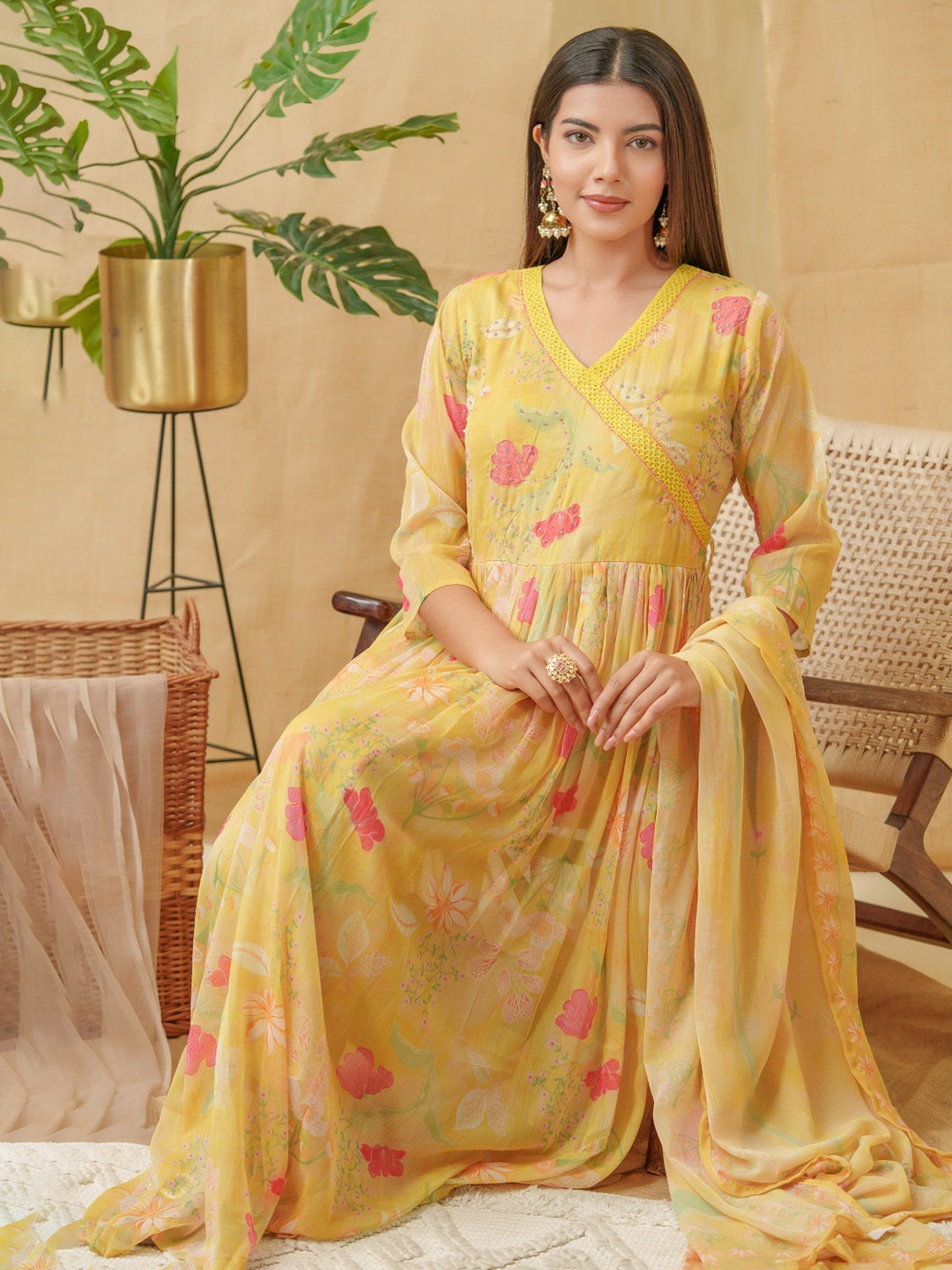 

Sangria Floral Printed Angrakha A-Line Kurta With Palazzos & Dupatta, Yellow