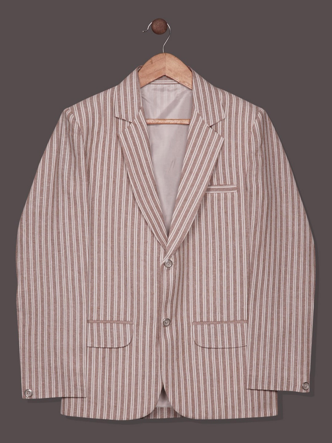 

RIKIDOOS Boys Tailored-Fit Striped Lightweight Single Breasted Cotton Blazer, Beige