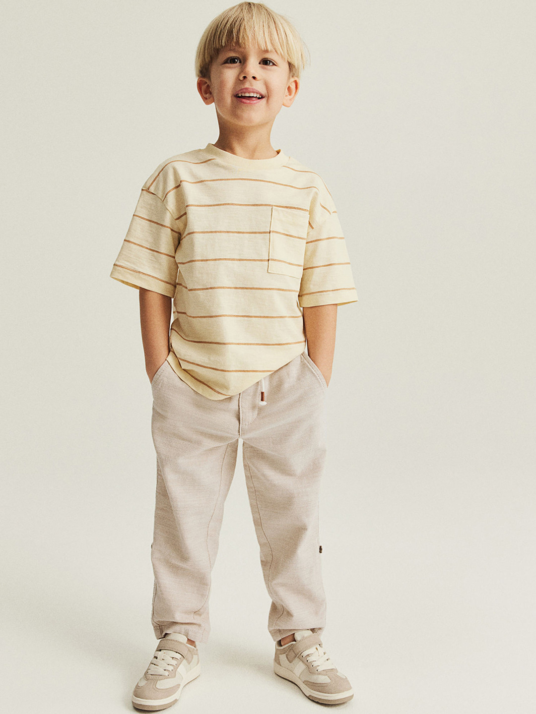 

H&M Boys Pure Cotton Loose Fit Roll-Up Trousers, Beige