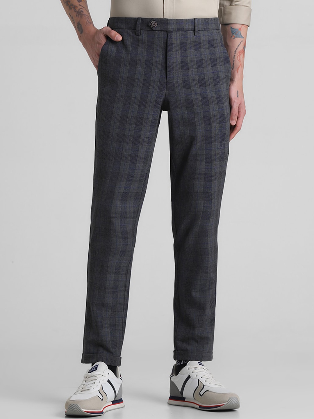

Jack & Jones Men Checked Slim Fit Trousers, Black