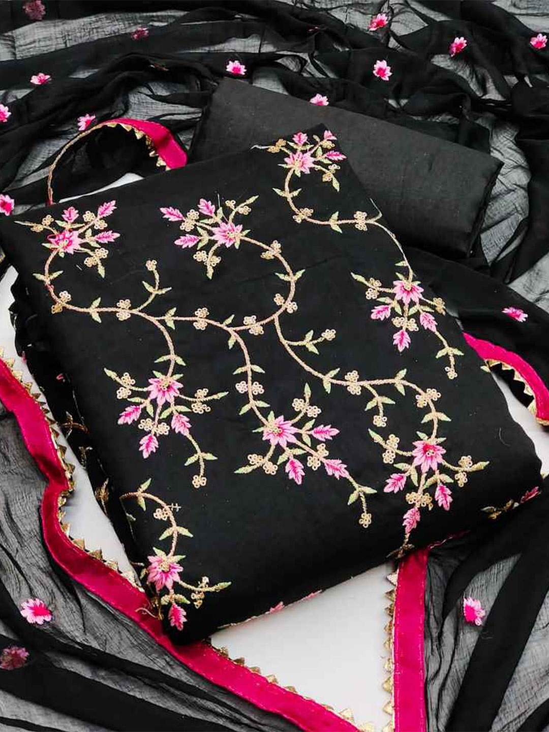 

faxofab Silk Georgette Unstitched Dress Material, Black