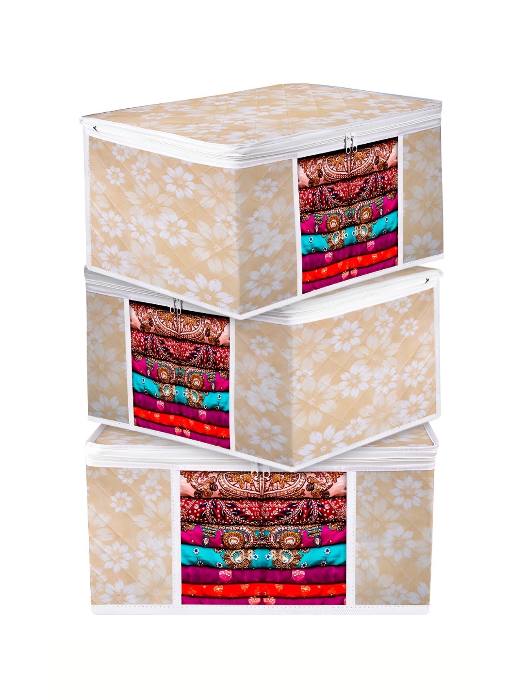 

Kuber Industries Beige 3 Pieces Printed Fabric Multi-Utility Organisers