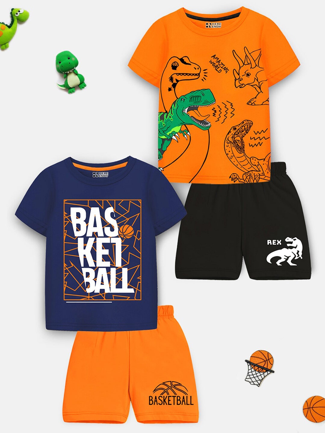 

HERE&NOW Kids Pack Of 2 Printed T-Shirt With Shorts, Orange